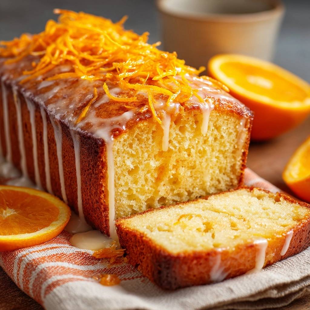 Saftiger Orangen Ruehrkuchen Querschnitt Nahaufnahme 1 Saftiger Orangen-Rührkuchen mit Anschnitt, serviert in Nahaufnahme, zeigt die saftige Textur und Glasur. Ein köstlicher Kuchen mit Orange.