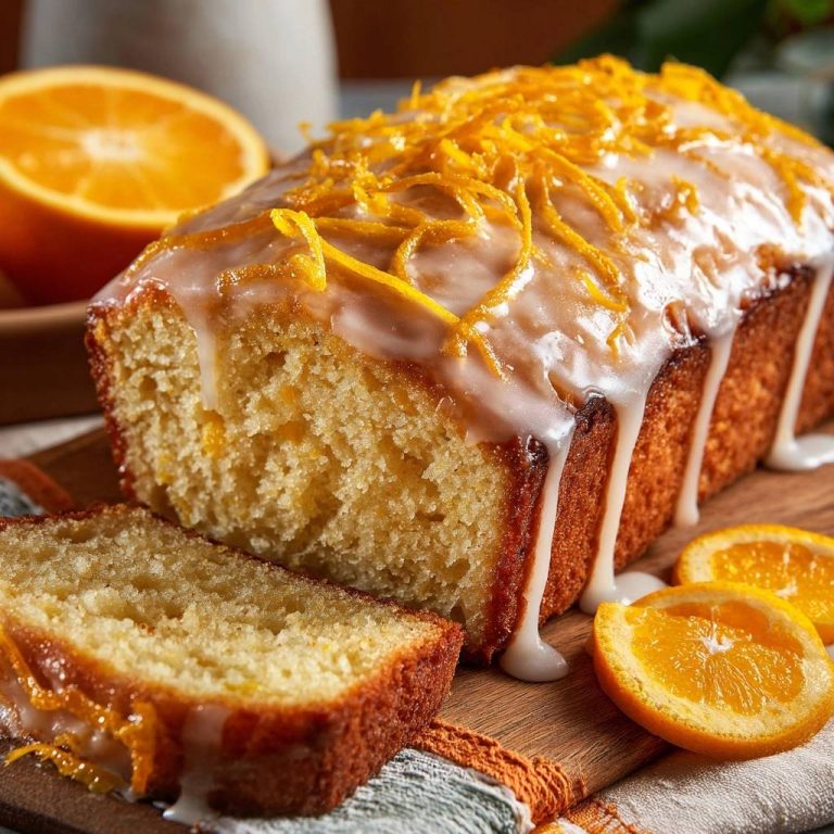 Saftiger Orangen-Rührkuchen mit Zuckerguss und Orangenschalen, hier mit einem Anschnitt, der die saftige Textur zeigt.