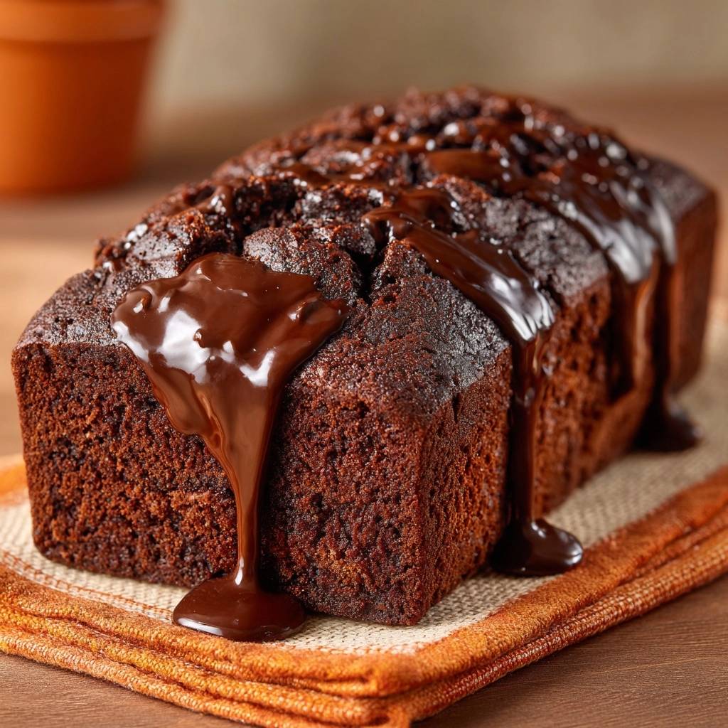 Saftiger Schokoladen Laibkuchen Mit Schokosauce 1 Saftiger Schokoladen-Laibkuchen, mit reichlich geschmolzener Schokoladensauce übergossen, die verführerisch über das Gebäck fließt.