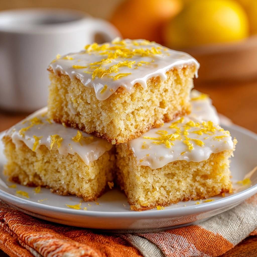 Saftiger Zitronen-Gusskuchen serviert auf einem weißen Teller, garniert mit Zitronenschale. Der Kuchen ist mit einem süßen Guss überzogen.