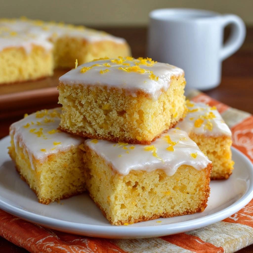 Saftiger Zitronen-Gusskuchen serviert auf einem weißen Teller, garniert mit Zitronenschale. Auf dem Tisch stehen weitere Kuchenstücke und eine Kaffeetasse.