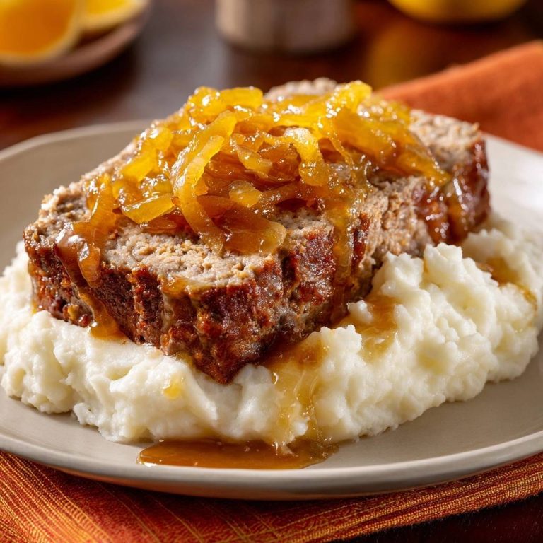 Saftiger Zwiebel-Meatloaf auf Kartoffelpüree serviert auf einem Teller, bedeckt mit karamellisierten Zwiebeln und Soße. Ein herzhaftes Gericht zum Genießen.