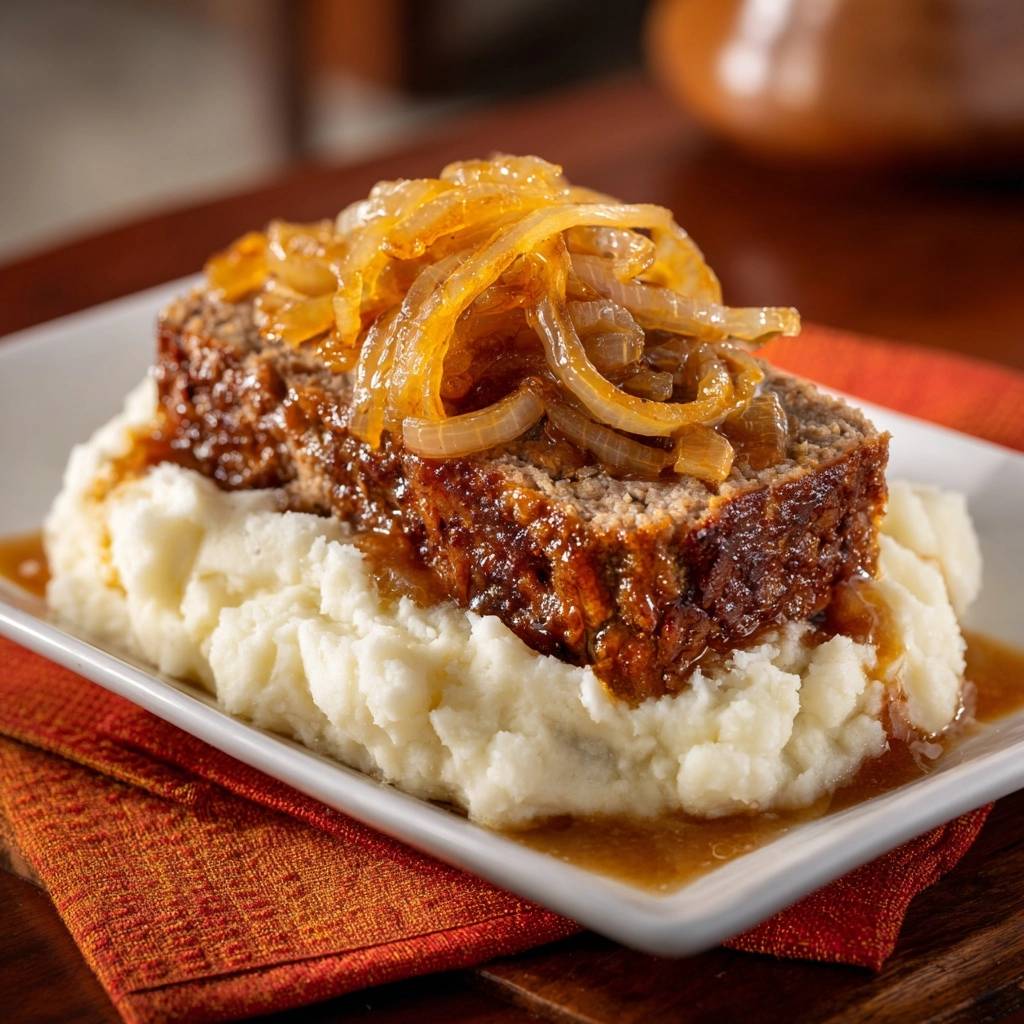 Saftiger Zwiebel-Meatloaf auf Kartoffelpüree serviert auf einem weißen Teller, garniert mit karamellisierten Zwiebeln und Soße.