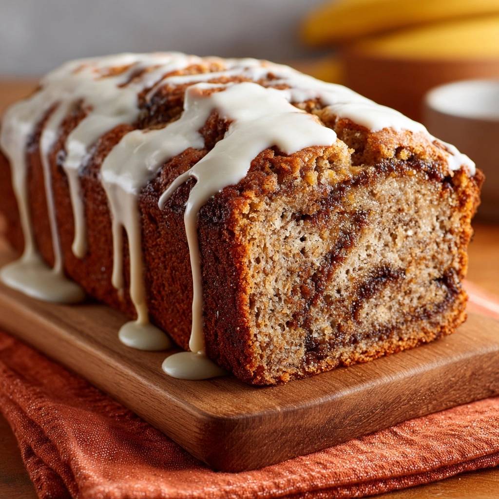 Saftiges Bananenbrot mit cremiger Glasur, angeschnitten, zeigt einen Blick auf die Textur und die süße Füllung.