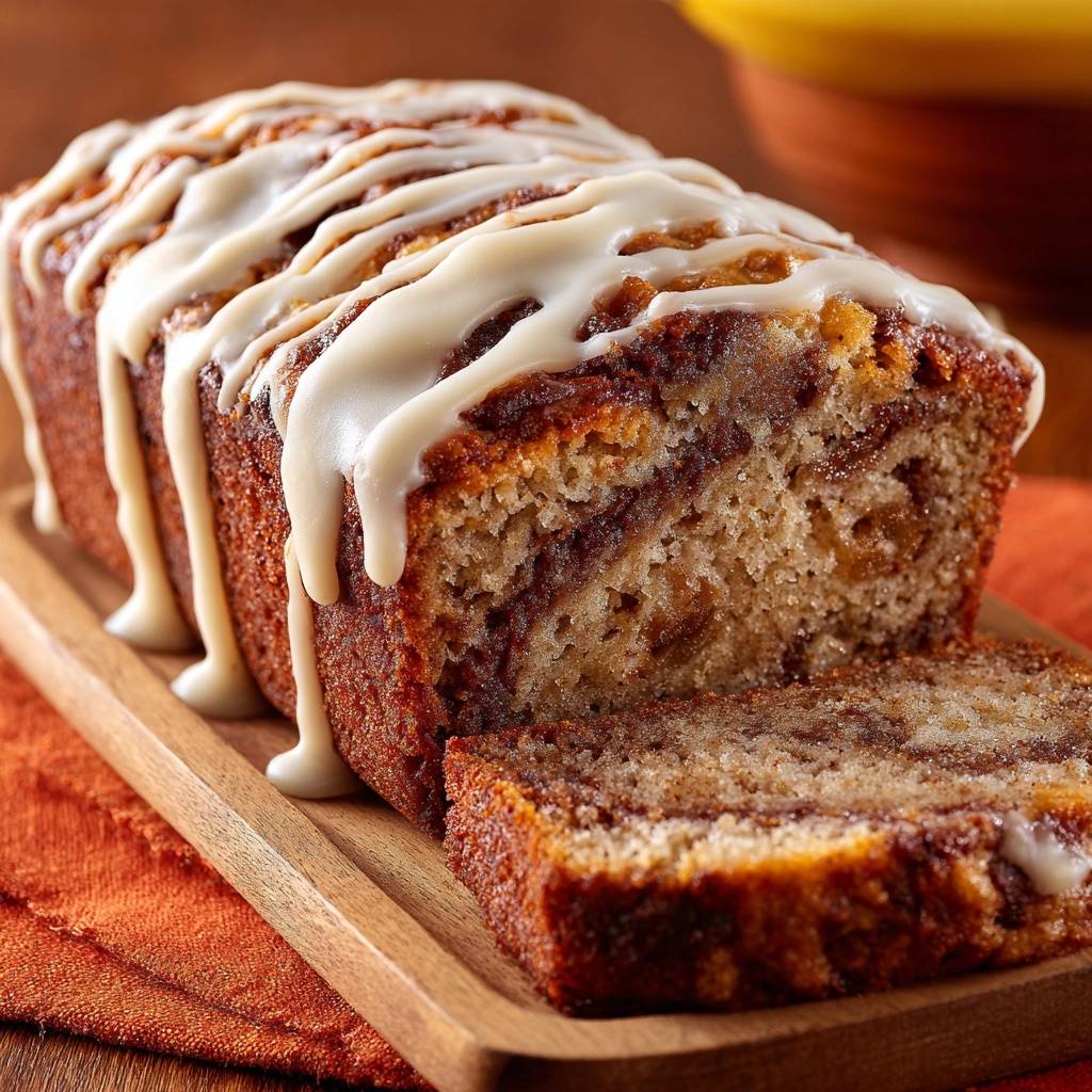 Saftiges Bananenbrot Querschnitt Mit Glasur 1 Saftiges Bananenbrot mit cremiger Glasur zeigt einen Anschnitt, der die saftige Krume und die Schichten des Brotes offenbart. Die Glasur verläuft verlockend.