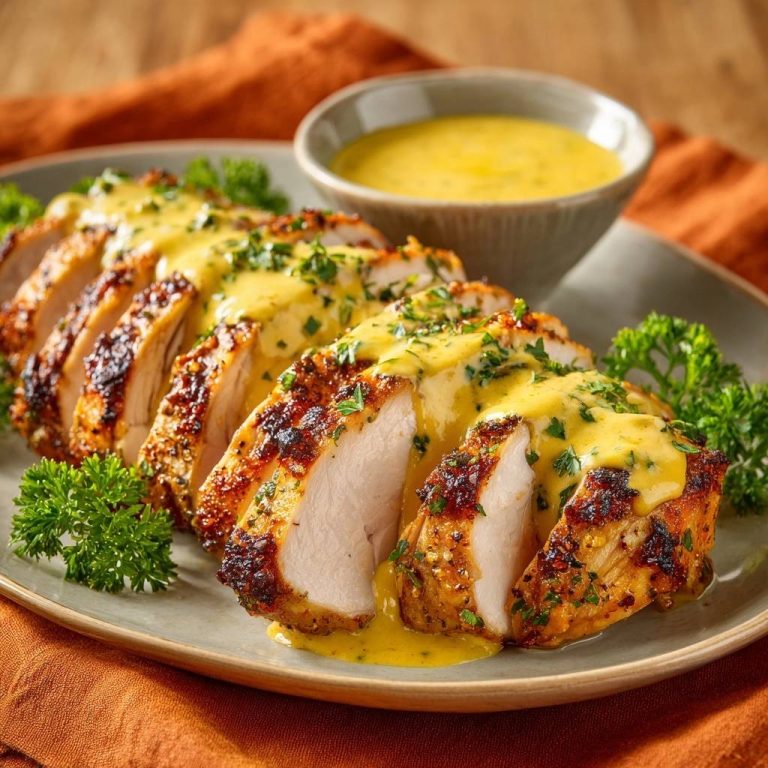 Saftiges Hähnchen mit Kurkuma-Joghurt-Sauce, serviert in Scheiben, zeigt den saftigen Innenbereich und die köstliche Sauce.