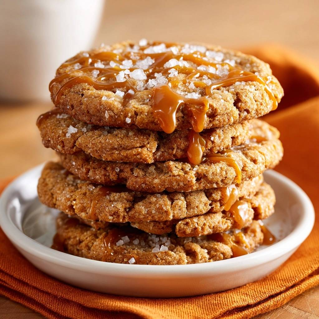 Salzkaramell-Cookies in Nahaufnahme mit flüssigem Karamell und grobem Meersalz, die auf einem weißen Teller gestapelt sind.