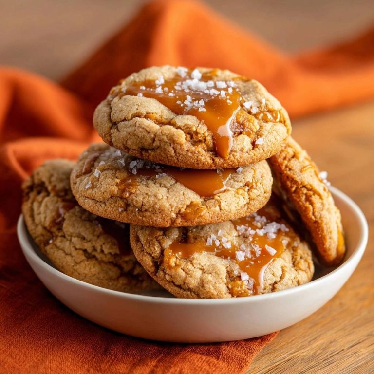 Salzkaramell-Cookies in Nahaufnahme mit flüssigem Karamell und grobem Meersalz, die in einer weißen Schüssel serviert werden.