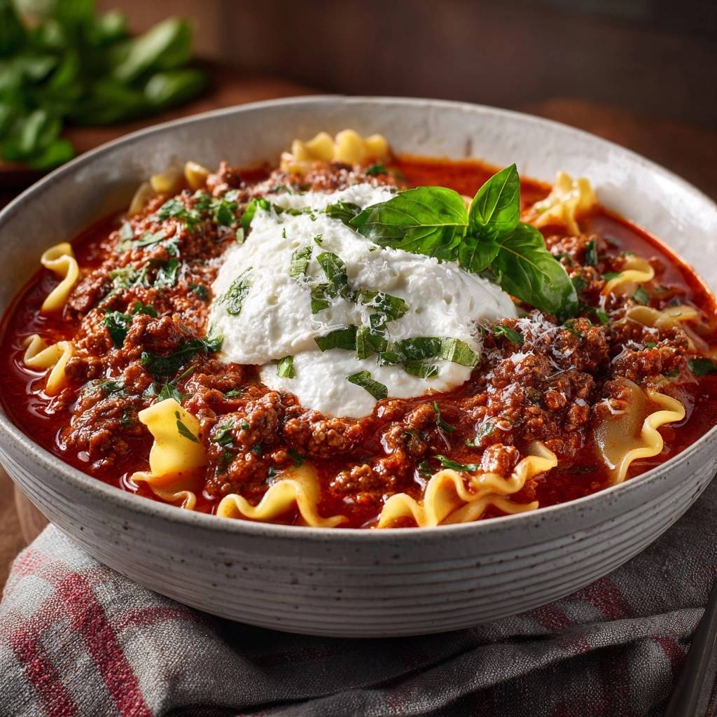 Sämige Tomaten-Hack-Nudel-Suppe serviert in einer Schüssel, garniert mit frischer Burrata und Basilikumblättern. Köstliches Mittagessen.