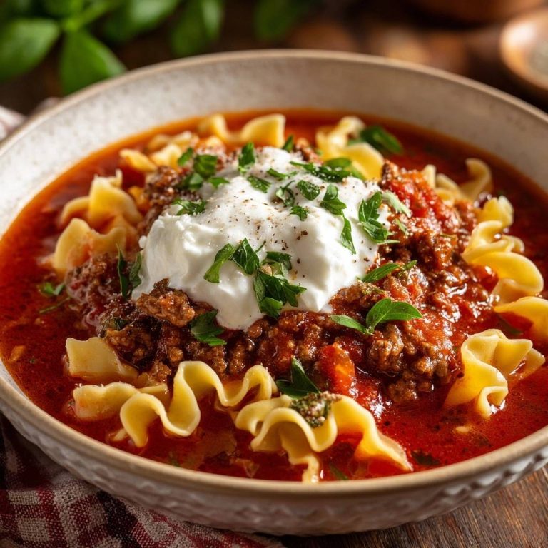 Sämige Tomaten-Hack-Nudel-Suppe, serviert in einer Schüssel, mit einem Klecks Sahne und frischer Petersilie garniert.