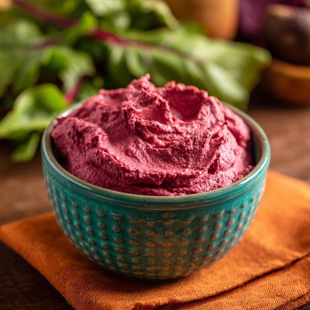 Samtiger Rote-Bete-Hummus in einer türkisfarbenen Schüssel, eine Nahaufnahme, die die cremige Textur zeigt.