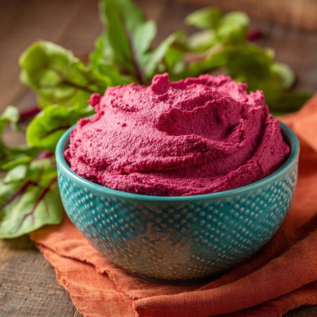 Samtiger Rote-Bete-Hummus in einer türkisfarbenen Schüssel, mit frischen Blättern im Hintergrund, eine Nahaufnahme der cremigen Textur.