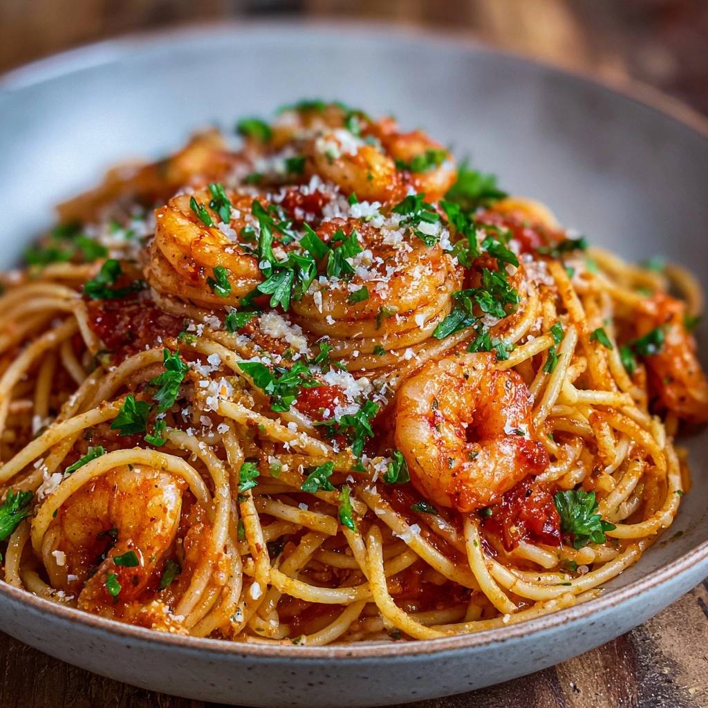 Scharfe Garnelen Spaghetti Nahaufnahme Garniert 1 Scharfe Garnelen-Spaghetti in Nahaufnahme, garniert mit frischer Petersilie und geriebenem Käse, serviert in einer rustikalen Schale.