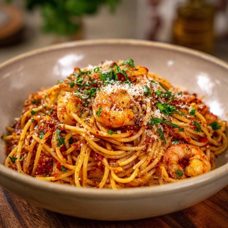 Scharfe Garnelen-Spaghetti werden in einer Schüssel serviert, garniert mit frischer Petersilie und geriebenem Käse.