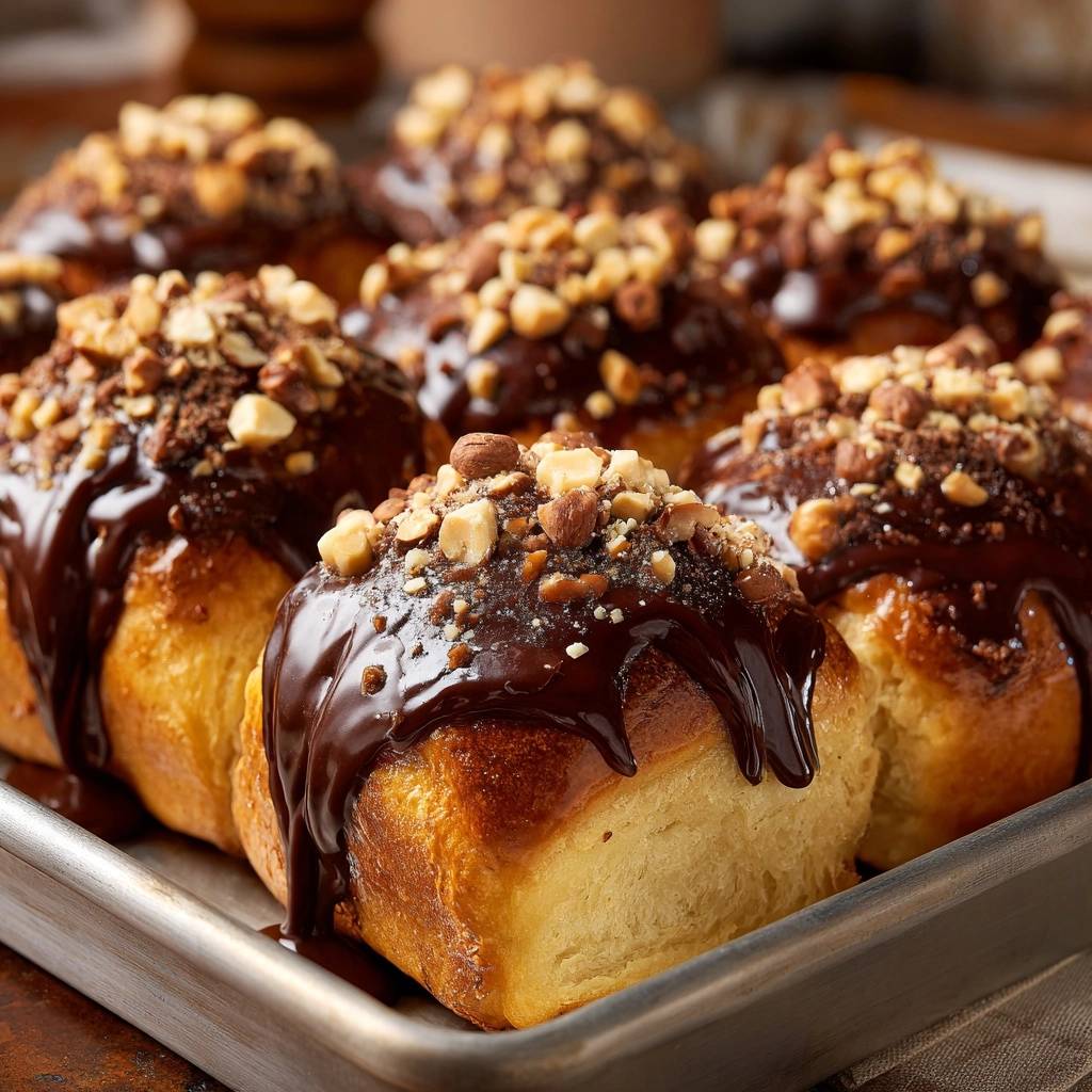 Schoko-Haselnuss-Brioche-Buns in Nahaufnahme, reichlich mit Schokoladenglasur bedeckt und mit gehackten Haselnüssen bestreut.