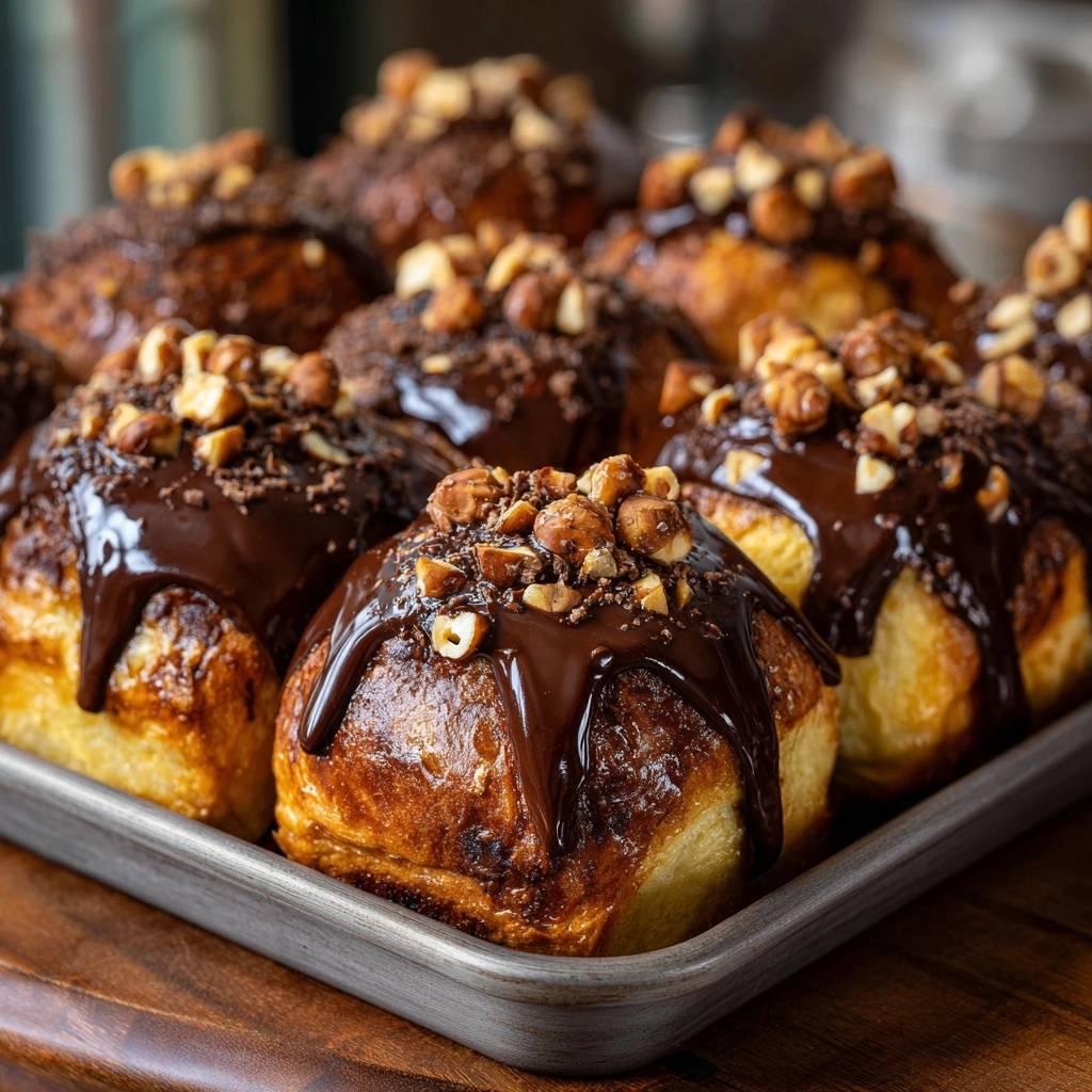 Schoko-Haselnuss-Brioche-Buns in Nahaufnahme: Saftige, goldbraune Brioche-Brötchen mit Schokoladenguss und knackigen Haselnüssen garniert.