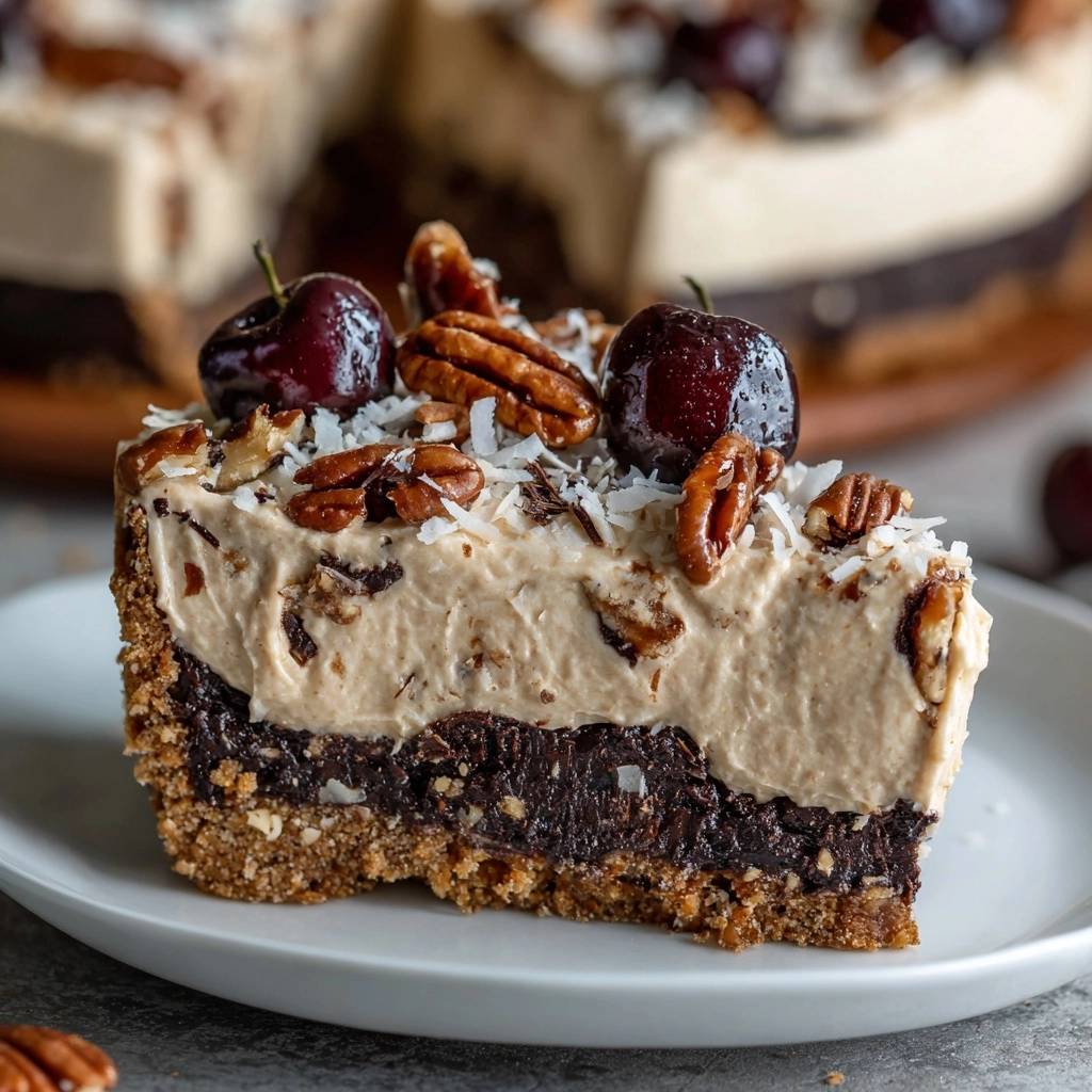 Schoko Karamell Tarte Mit Pekannussen Querschnitt 1 Schoko-Karamell-Tarte mit Pekannüssen: Ein Nahaufnahme-Querschnitt zeigt die verschiedenen Schichten der Tarte mit Pekannüssen, Kokosraspeln und Kirschen.