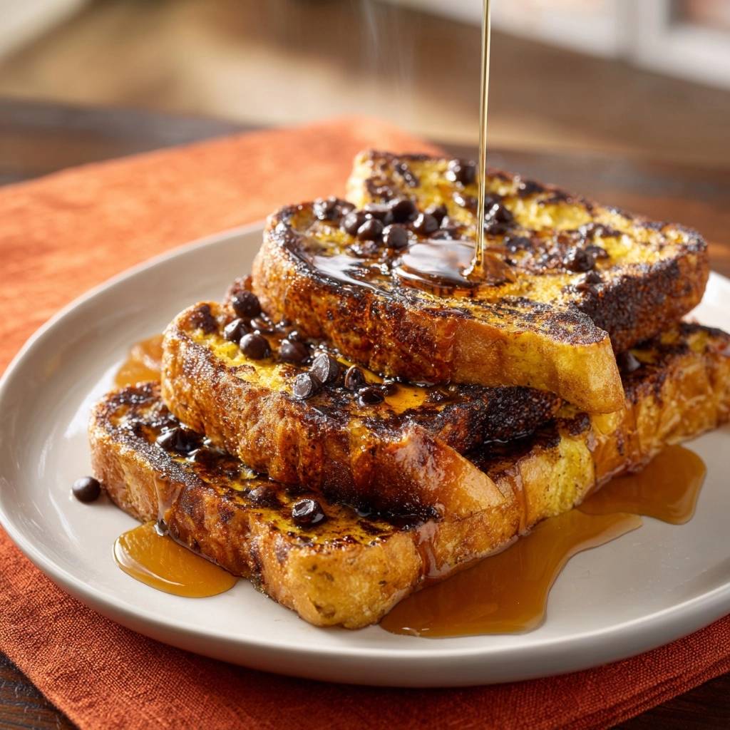 Schokoladen-French-Toast mit Ahornsirup, serviert auf einem weißen Teller, und mit fließendem Ahornsirup und Schokostückchen garniert.