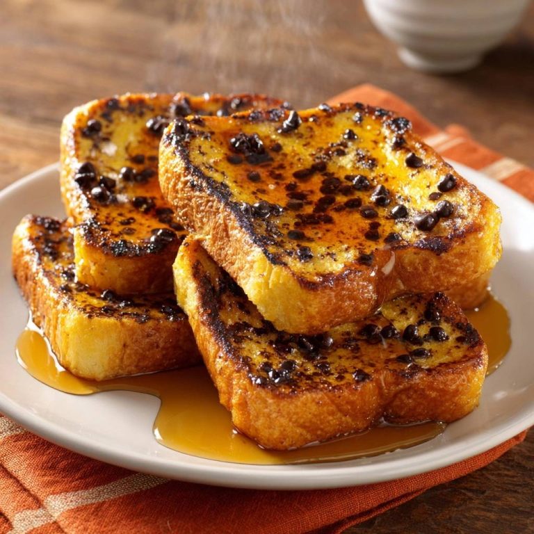 Schokoladen-French-Toast mit Ahornsirup serviert auf einem weißen Teller, bedeckt mit Schokoladenstückchen und reichlich Ahornsirup.