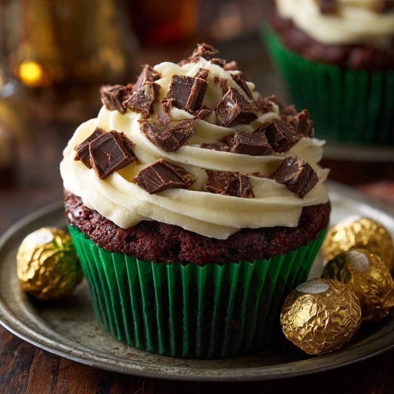 Schokoladen-Haselnuss-Cupcakes garniert mit Schokoladenstückchen und umgeben von Ferrero Rocher auf einem Teller