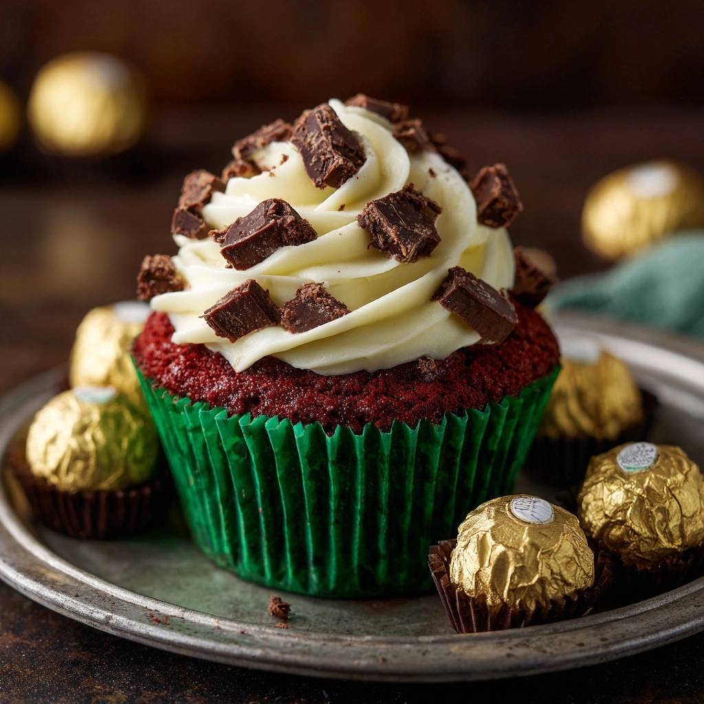 Schokoladen Haselnuss Cupcakes Nahaufnahme 1 Schokoladen-Haselnuss-Cupcakes mit cremiger Frischkäse-Glasur und Schokoladenstückchen, nah aufgenommen auf einem silbernen Teller.