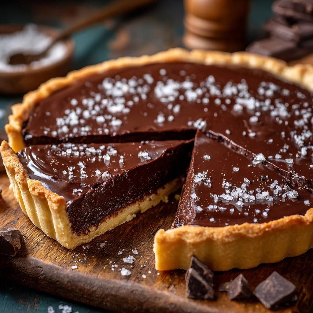 Schokoladen-Tarte mit Meersalz zeigt einen Anschnitt, der die cremige Schokoladenfüllung und den knusprigen Teigboden enthüllt.