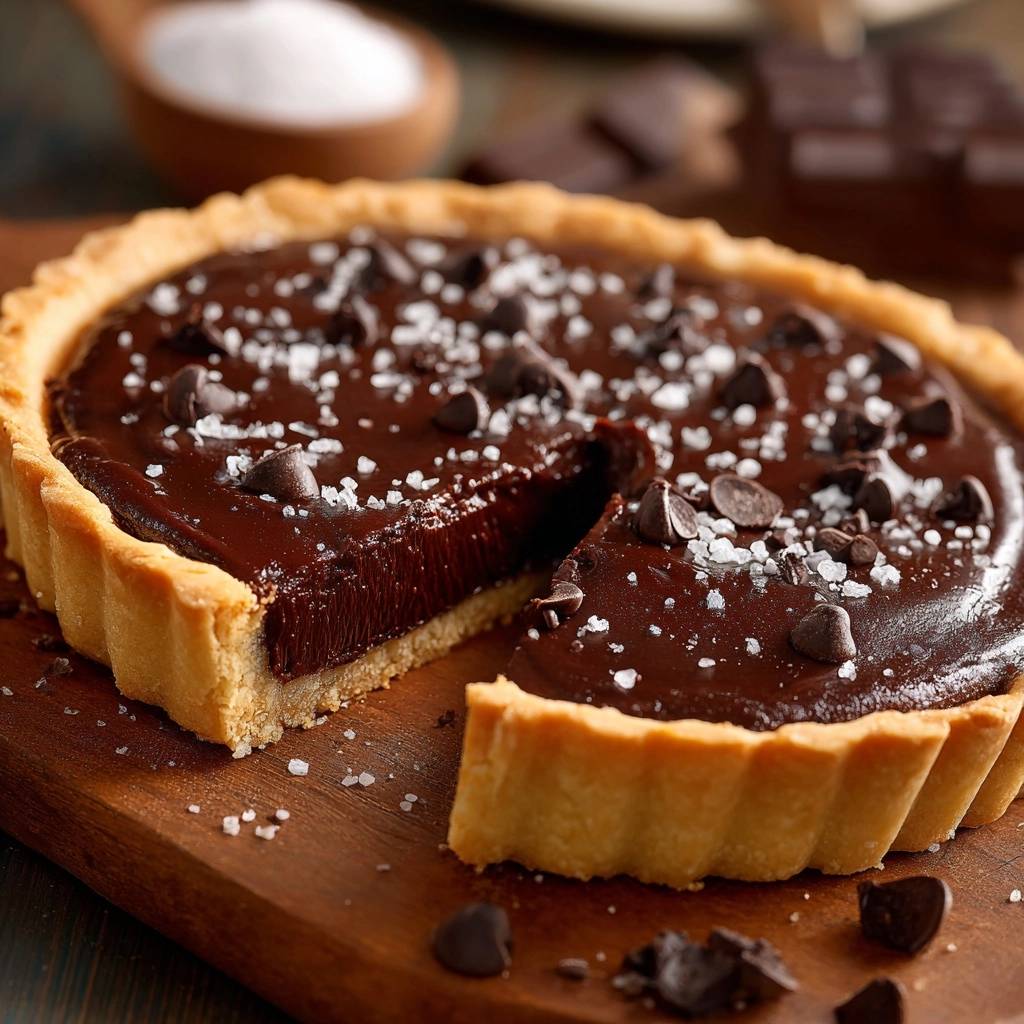 Schokoladen-Tarte mit Meersalz zeigt einen Anschnitt, der die cremige Schokoladenfüllung und den knusprigen Teigboden enthüllt. Ein köstliches Dessert.