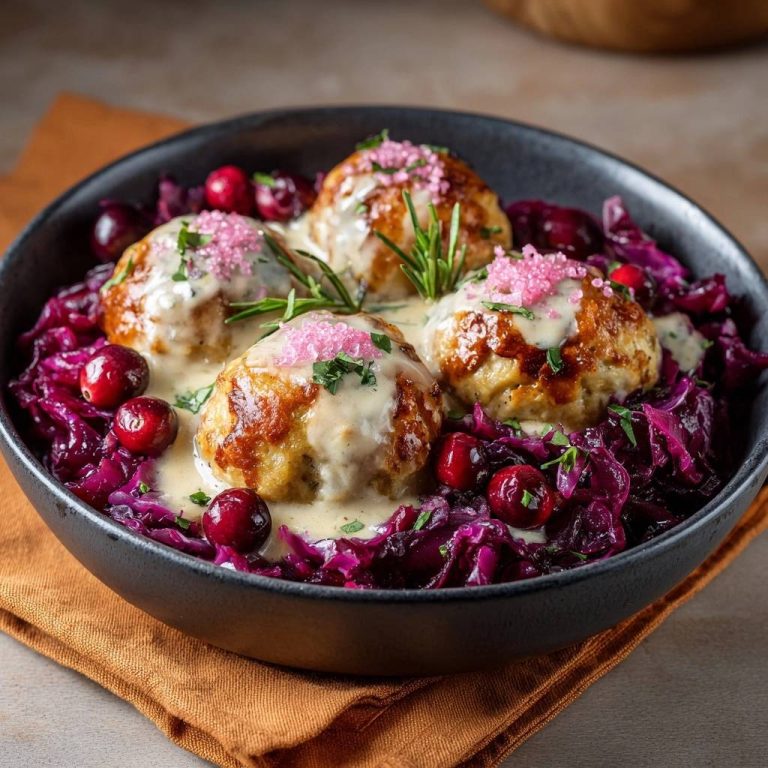 Schwedische Fleischbällchen mit Rotkohl, serviert in einer dunklen Schüssel, mit Preiselbeeren und einer cremigen Sauce von oben betrachtet.
