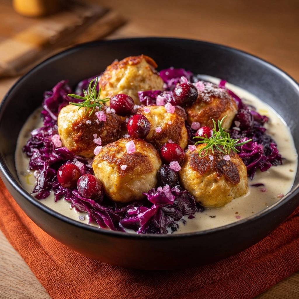 Schwedische Fleischbaellchen Mit Rotkohl Draufsicht Serviert 1 Schwedische Fleischbällchen mit Rotkohl und Preiselbeeren in einer Schüssel serviert, garniert mit Rosmarin und grobem Salz.