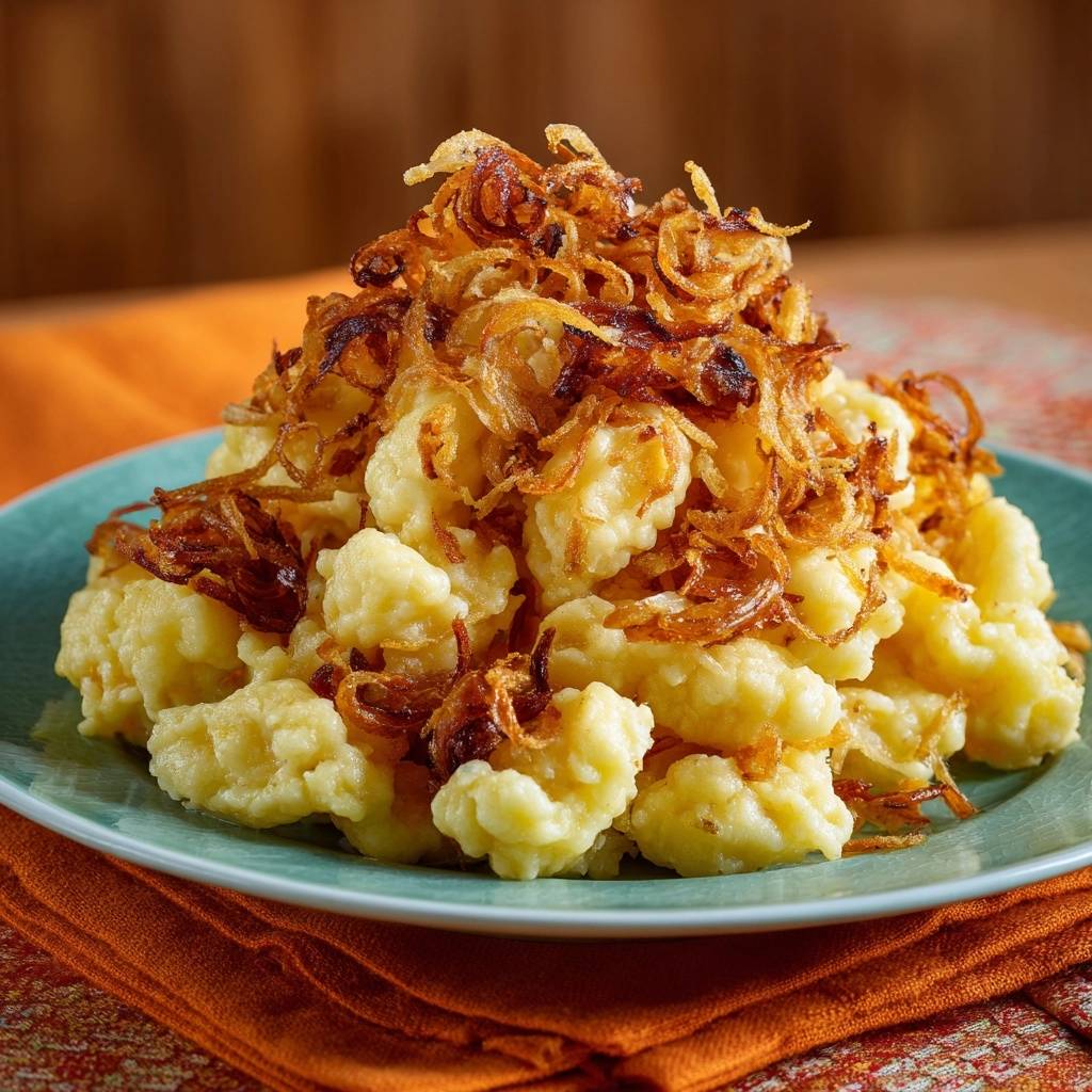 Semmelknodel Mit Roestzwiebeln Draufsicht 1 Semmelknödel mit knusprigen Röstzwiebeln, serviert auf einem hellblauen Teller. Die Draufsicht zeigt die goldbraunen Zwiebeln auf den fluffigen Knödeln.