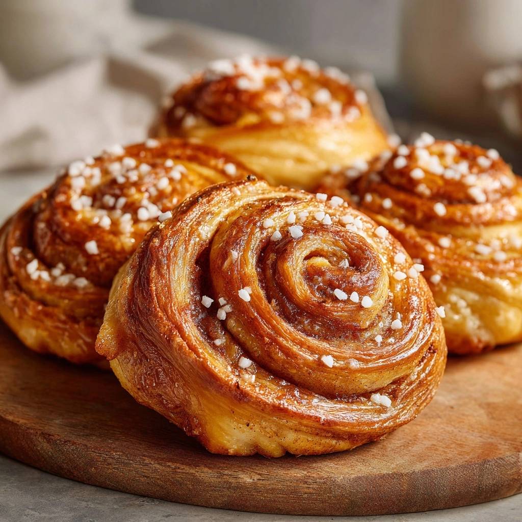 Skandinavische Zimtschnecken Nahaufnahme Zuckerperlen 1 Skandinavische Zimtschnecken in Nahaufnahme, verziert mit groben Zuckerperlen, die auf dem warmen Gebäck glänzen. Die Zimtschnecken sind frisch gebacken und perfekt gerollt.