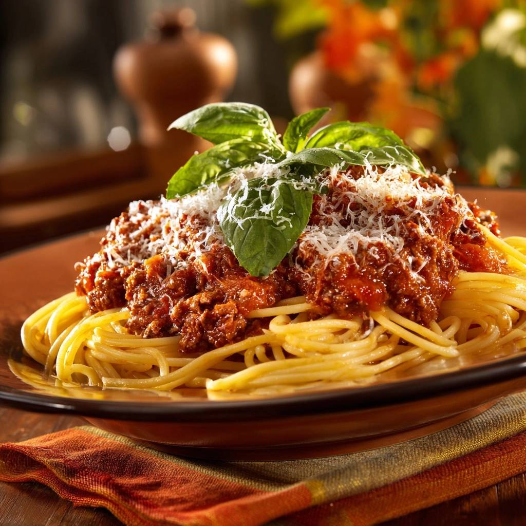 Spaghetti Bolognese Serviert Mit Basilikum 1 Spaghetti Bolognese serviert auf einem Teller, garniert mit frischem Basilikum und geriebenem Käse. Ein köstliches italienisches Gericht.