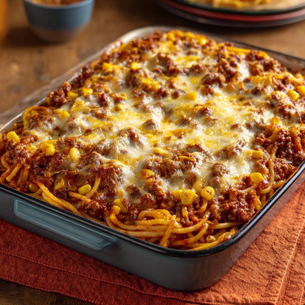Spaghetti Hack Mais Auflauf Draufsicht 1 Spaghetti-Hack-Mais-Auflauf in einer Auflaufform, serviert aus der Vogelperspektive. Der Auflauf ist mit Käse überbacken.