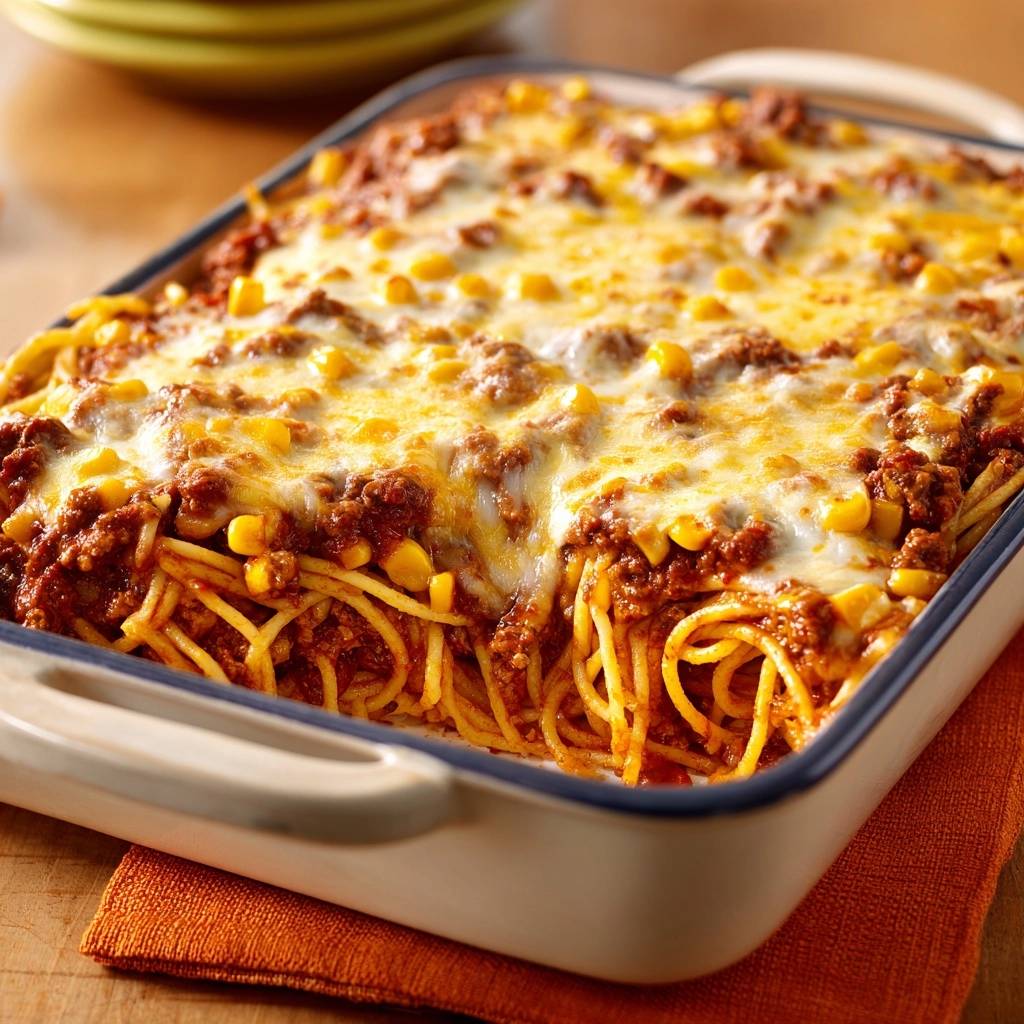 Spaghetti-Hack-Mais-Auflauf in Nahaufnahme, goldbraun gebacken und mit geschmolzenem Käse bedeckt, fertig zum Servieren.