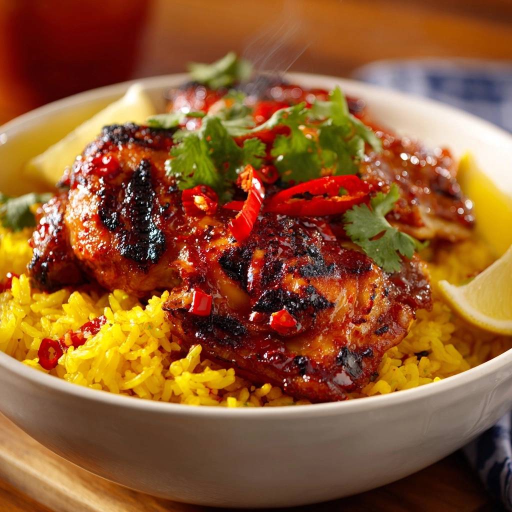 Sticky Glazed Hhnchen Mit Kurkumareis Serviert 1 Sticky Glazed Hähnchen mit Kurkumareis serviert in einer Schüssel mit gelbem Reis, garniert mit Chili und Koriander für ein köstliches Mittagessen.