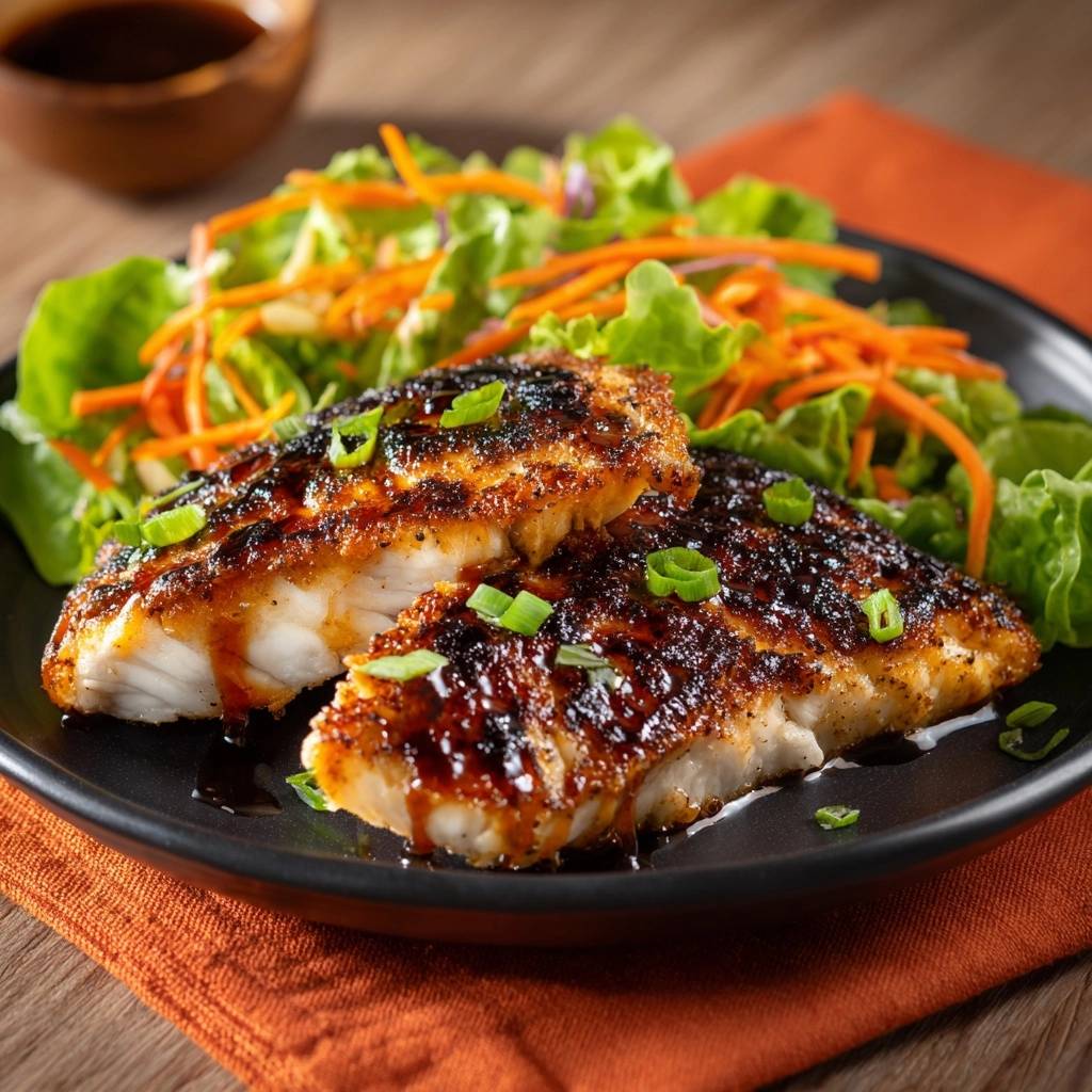 Teriyaki-Fisch mit Frischsalat auf einem schwarzen Teller serviert, dekoriert mit frischen grünen Zwiebeln. Diese köstliche Mahlzeit ist ein echter Genuss.