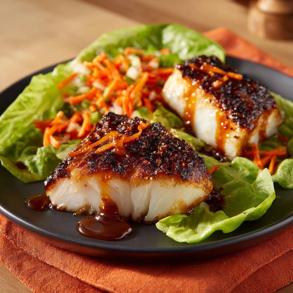Teriyaki Fisch Mit Frischsalat Serviert 1 Teriyaki-Fisch mit Frischsalat serviert auf einem Teller mit knackigem Salat und frischen Karotten, garniert mit Glasur.