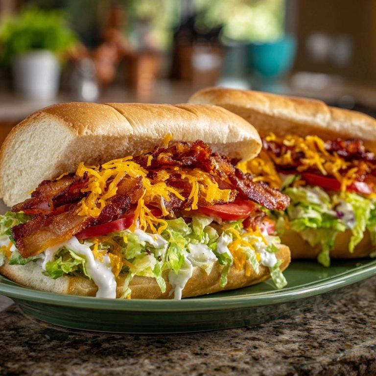 Ultimatives Bacon-Cheddar-Sub in Nahaufnahme, gefüllt mit knusprigem Bacon, geschmolzenem Cheddar, Tomaten und Salat auf einem rustikalen Brötchen.
