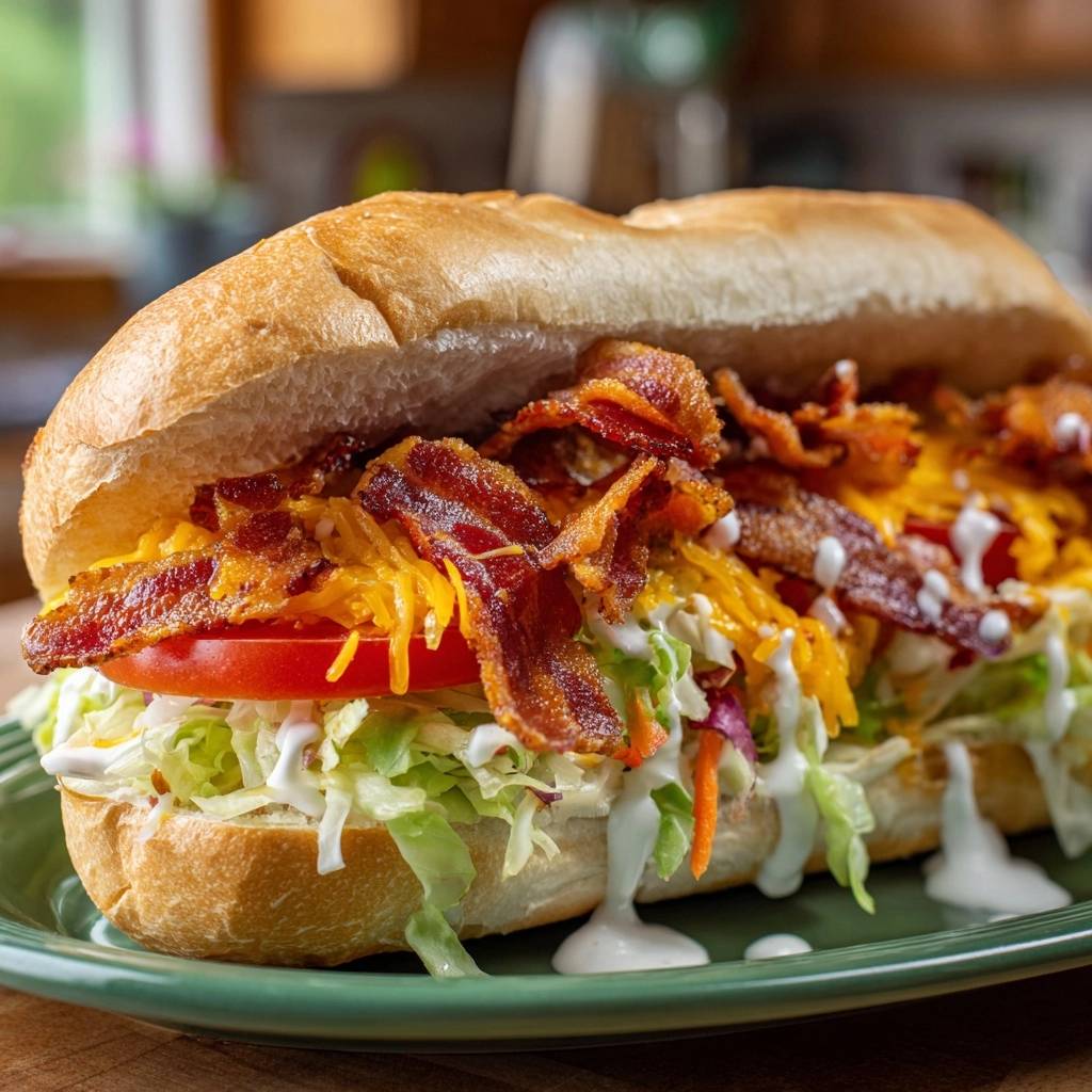 Ultimatives Bacon Cheddar Sub Querschnitt 1 Ultimatives Bacon-Cheddar-Sub im Nahaufnahme: Ein verlockender Querschnitt zeigt die saftigen Zutaten und knusprigen Speck.