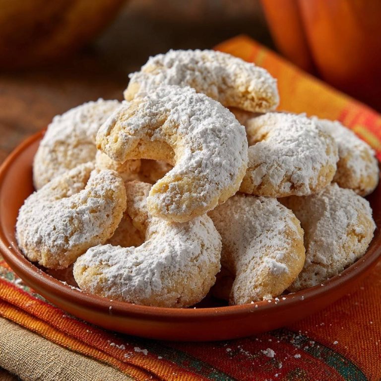 Vanillekipferl in Nahaufnahme, reichlich mit Puderzucker bestäubt, serviert auf einem rustikalen Teller. Diese traditionellen Weihnachtsplätzchen sind ein Genuss.