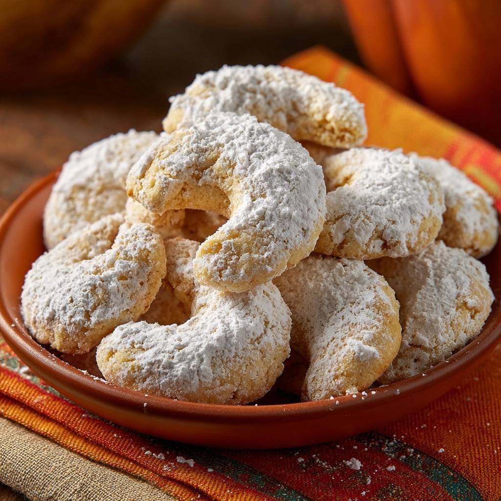 Vanillekipferl in Nahaufnahme, reichlich mit Puderzucker bestäubt, serviert auf einem rustikalen Teller. Diese traditionellen Weihnachtsplätzchen sind ein Genuss.