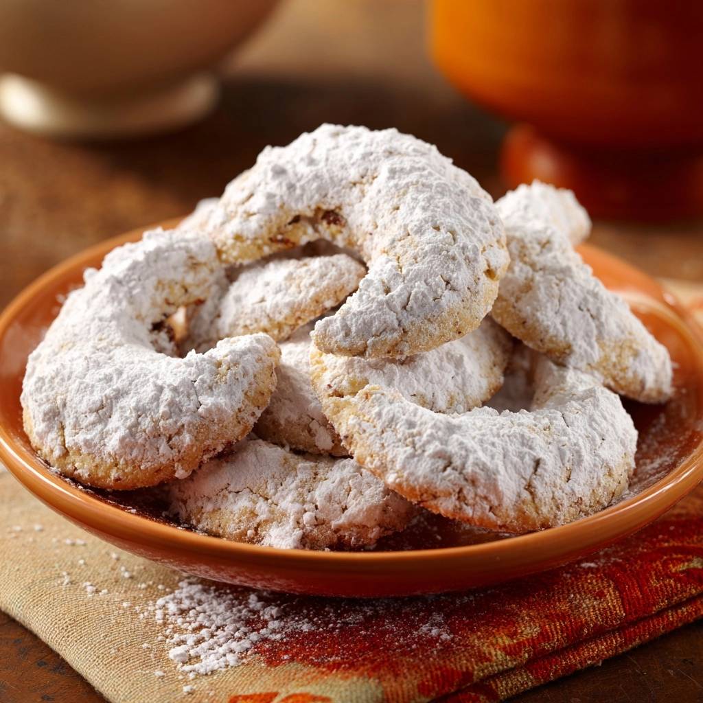Vanillekipferl Nahaufnahme Puderzucker 1 Klassische Vanillekipferl in Nahaufnahme, reichlich mit Puderzucker bestäubt, serviert auf einem orangefarbenen Teller.