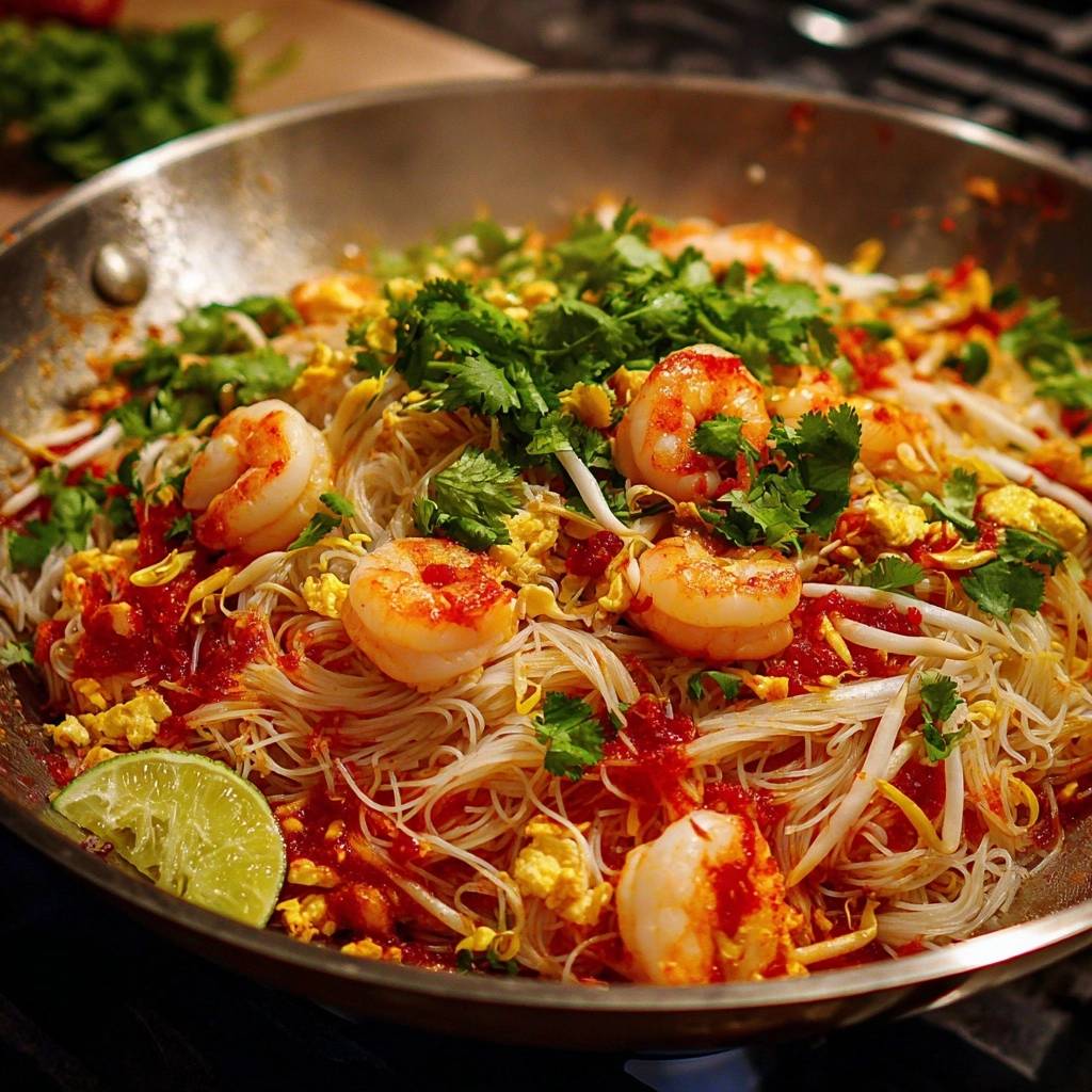 Wok Garnelen Mit Glasnudeln Draufsicht Serviert 1 Wok-Garnelen mit Glasnudeln in einer Pfanne serviert, garniert mit Koriander, Limette und Sprossen für ein ansprechendes Gericht.