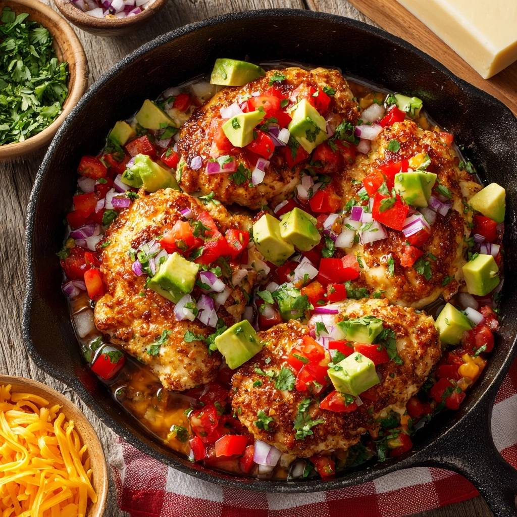 Würzige Hähnchenpfanne mit Avocado-Salsa in einer gusseisernen Pfanne, garniert mit frischer Salsa und Avocado, aufgenommen von oben.