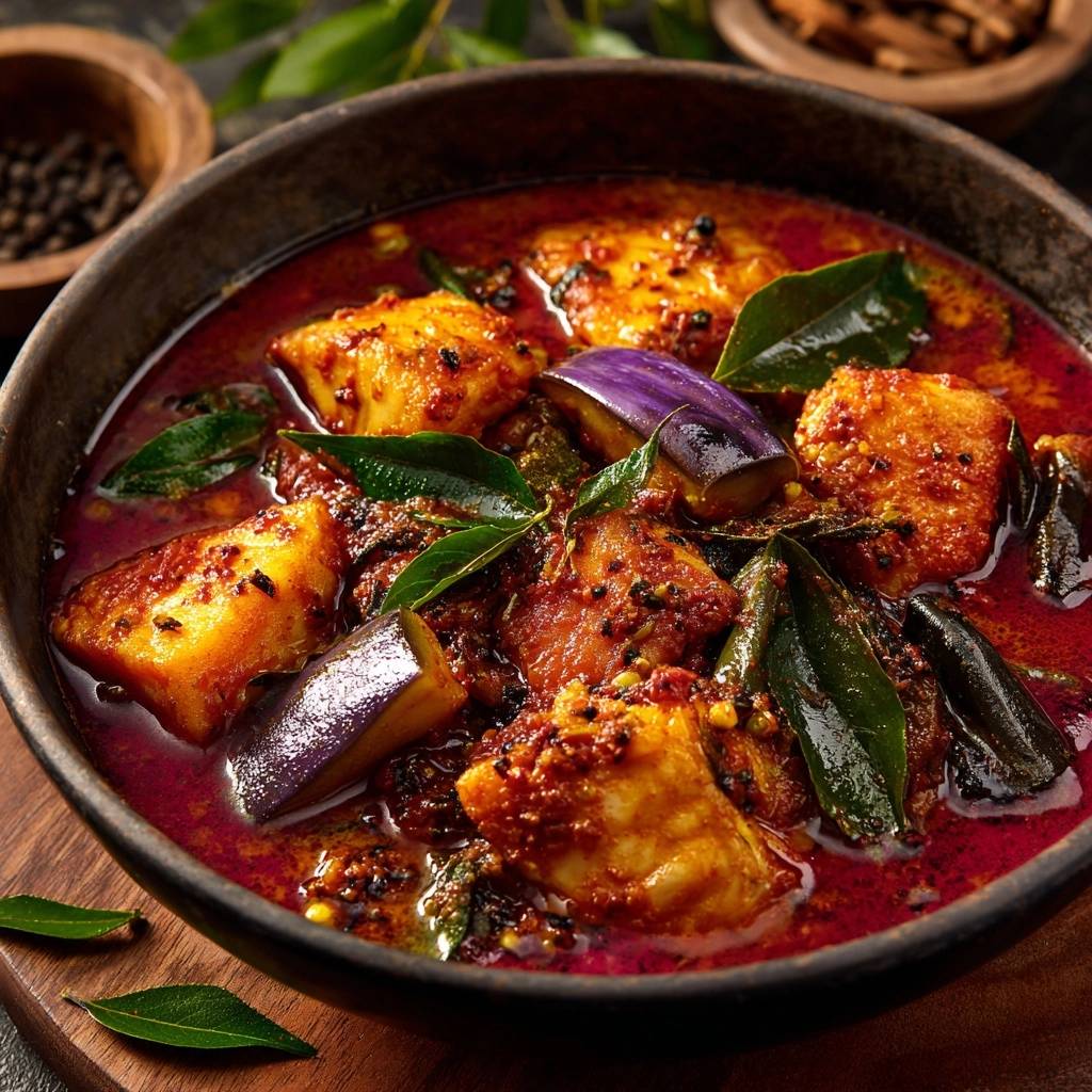 Würziges Fisch-Curry mit Auberginen, serviert in einer rustikalen Schüssel, präsentiert eine appetitliche Draufsicht auf das Gericht. Die leuchtende rote Sauce umhüllt Fisch und Auberginen.