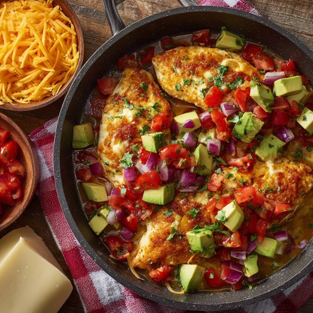 Wurzige Hahnchenpfanne Mit Avocado Salsa Draufsicht 1 Würzige Hähnchenpfanne mit Avocado-Salsa: Eine köstliche Draufsicht auf saftige Hähnchenbrust, bedeckt mit frischer Avocado-Salsa.