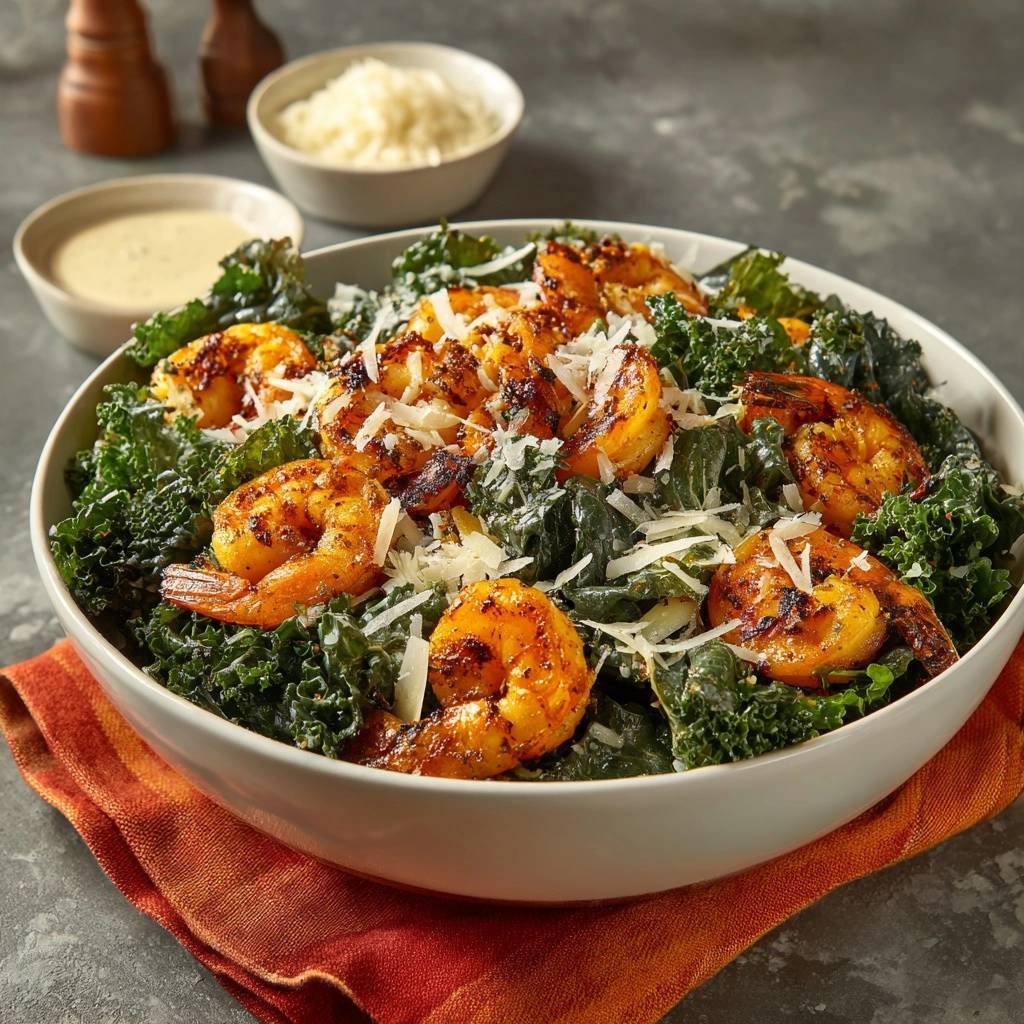 Würziger Grünkohl-Salat mit Garnelen, serviert in einer Schüssel, mit knusprigen Garnelen und geriebenem Käse. Der Salat wird auf einem orangefarbenen Tischtuch präsentiert.