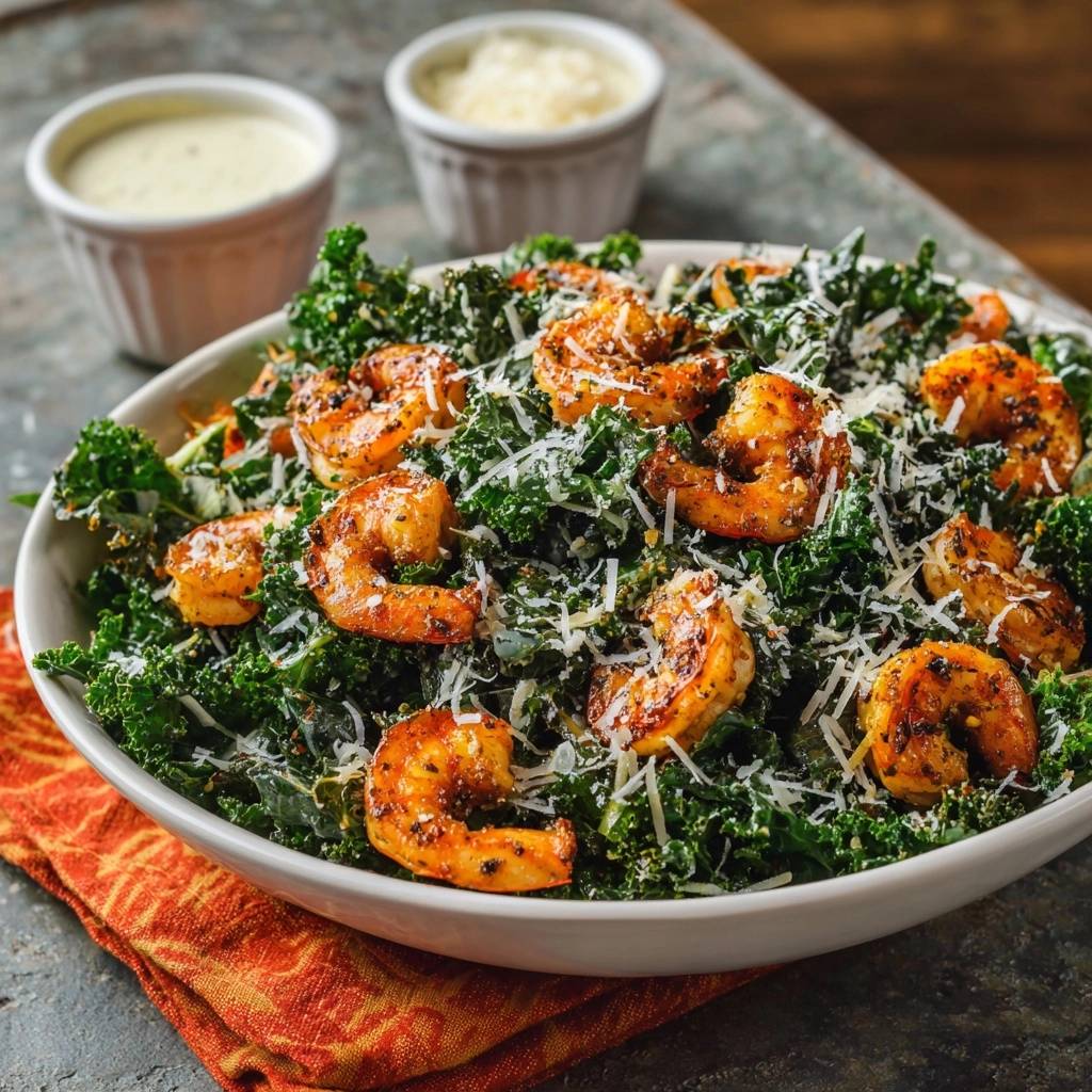 Würziger Grünkohl-Salat mit Garnelen, serviert in einer Schüssel, garniert mit Parmesan und appetitlichen Garnelen. Ein köstlicher Salat für eine gesunde Mahlzeit.