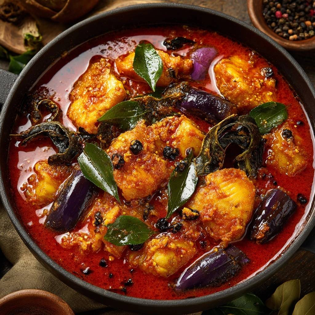 Würziges Fisch-Curry mit Auberginen in einer Pfanne von oben betrachtet, garniert mit frischen Curryblättern und schwarzem Pfeffer.