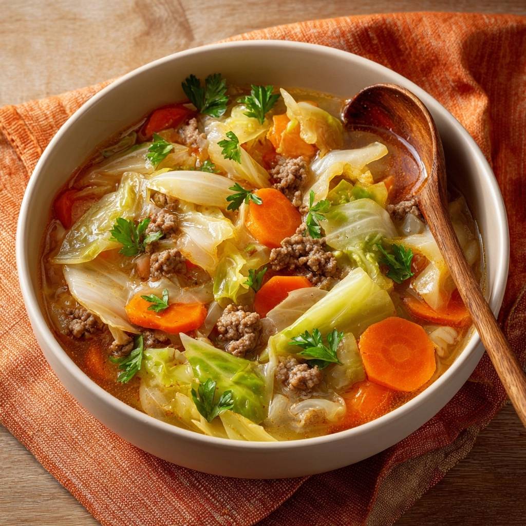Wurziges Rinderkraut Gulasch Draufsicht Serviert 1 Würziges Rinderkraut-Gulasch in einer Schüssel serviert, mit frischer Petersilie garniert und von oben fotografiert.